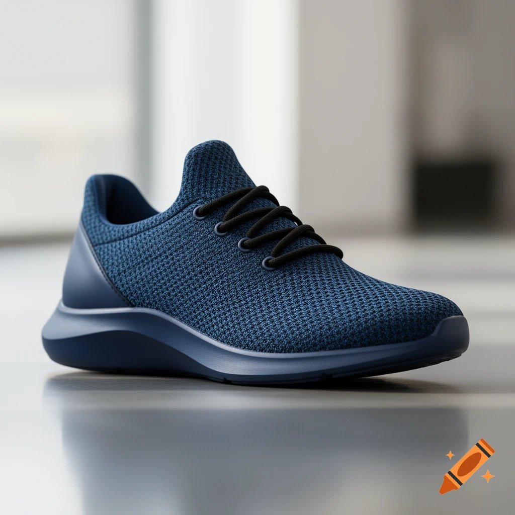 A dark blue fabric sneaker with black laces sits on a reflective surface in a bright, modern setting.