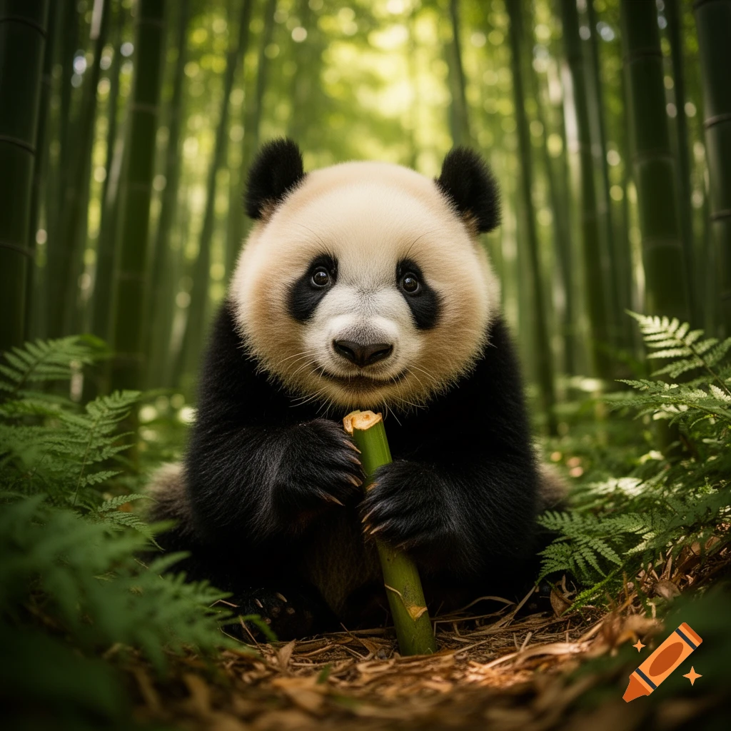 A cute giant panda sits amidst a lush bamboo forest, holding a bamboo stalk and looking directly at the viewer.