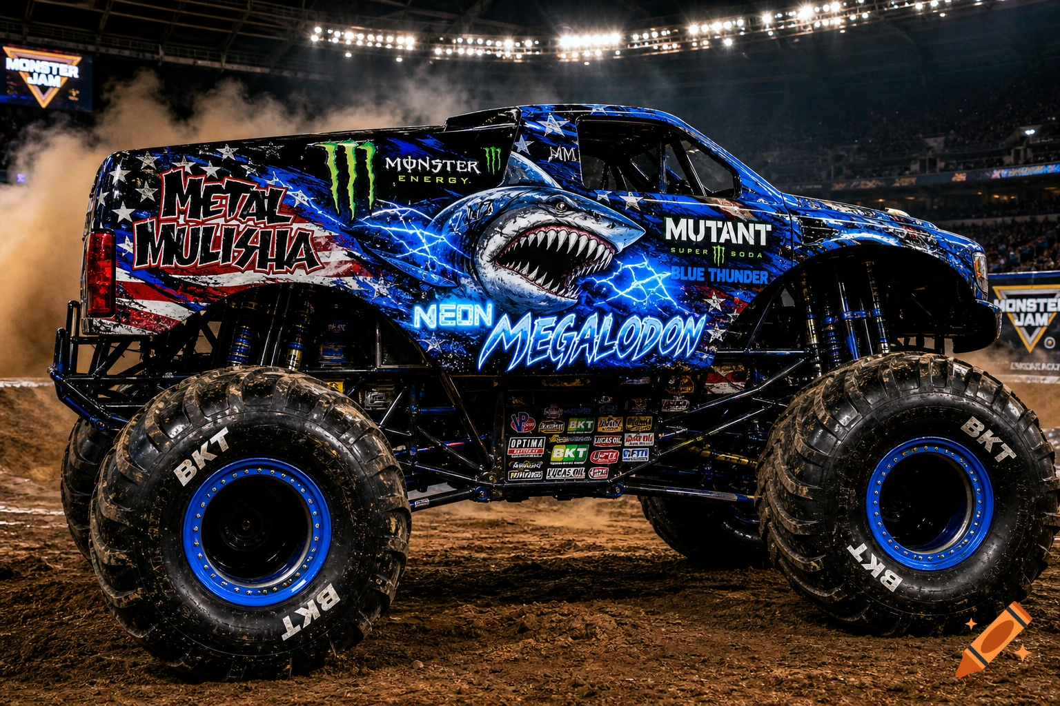 A blue monster truck with a neon shark graphic and American flag design sits on a dirt arena track under stadium lights, emitting smoke.
