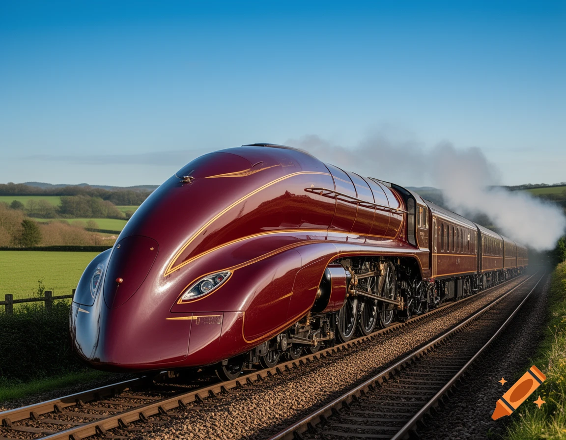 A sleek, streamlined burgundy steam train with gold trim travels on a track through a green rural landscape under a clear blue sky.