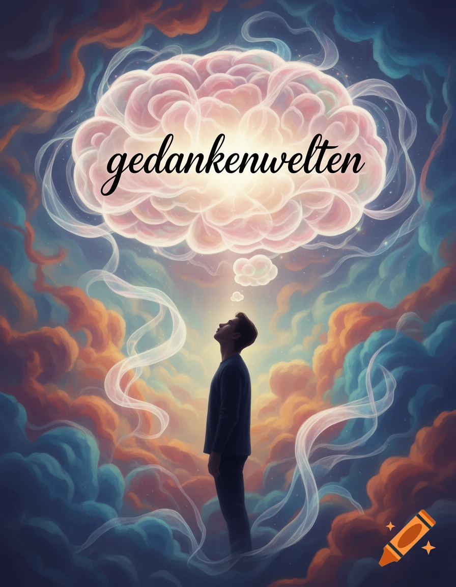 A man looking up at a large thought bubble with the word 'gedankenwelten' in a dreamlike sky filled with colorful clouds.