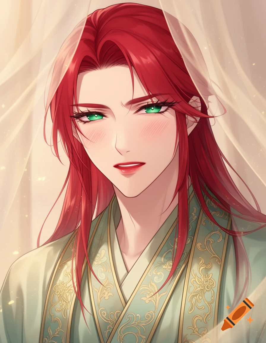 Anime style portrait of a red-haired character with green eyes, a blush, wearing elegant teal and gold silks and a sheer veil.