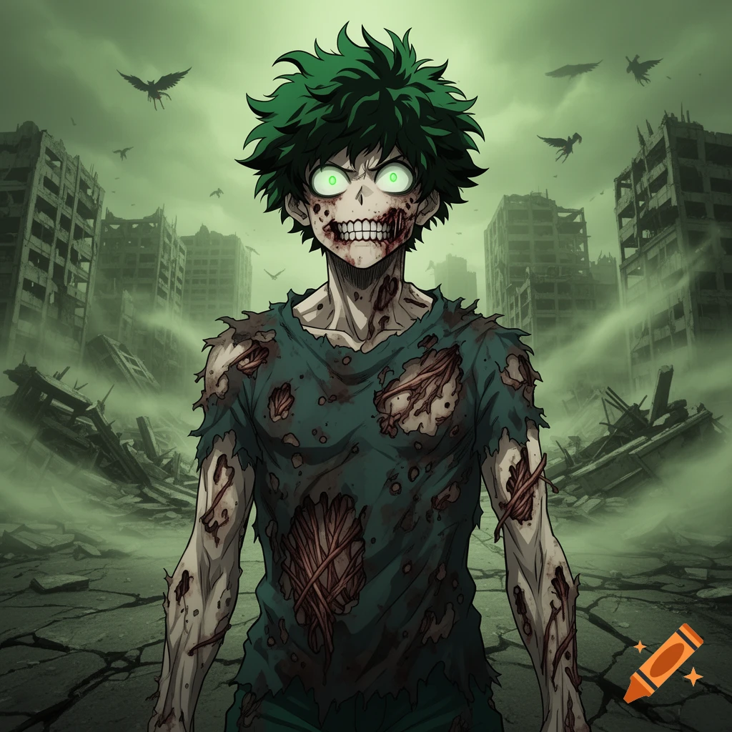 Anime-style zombie Deku with green glowing eyes and torn clothes stands in a foggy, ruined city landscape.