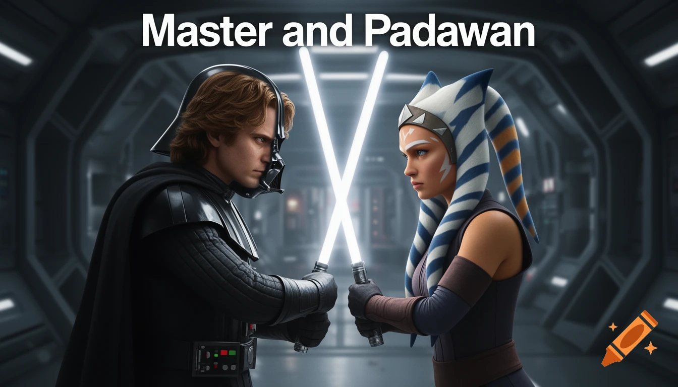 Anakin Skywalker as Darth Vader and Ahsoka Tano stand with crossed white lightsabers in a futuristic hallway.