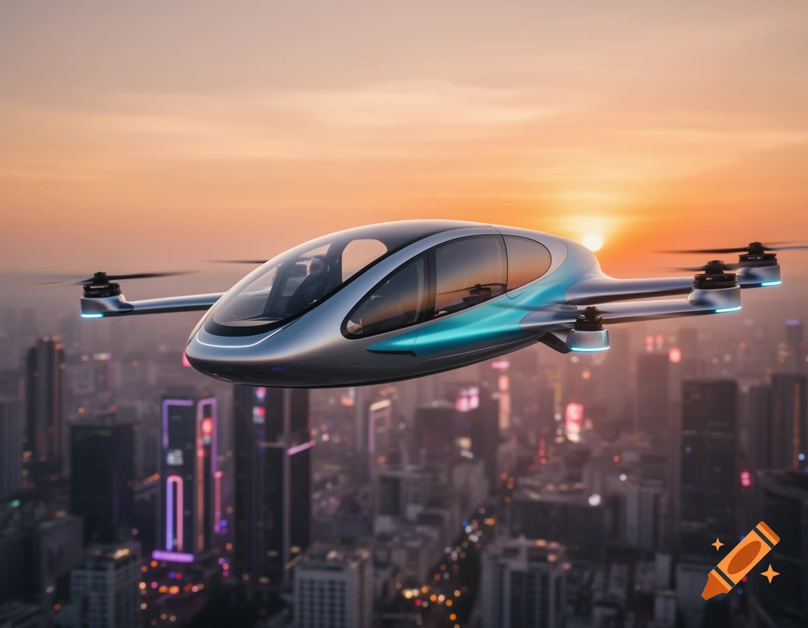 A sleek, silver and blue futuristic flying taxi with glowing lights hovers over a city at sunset.