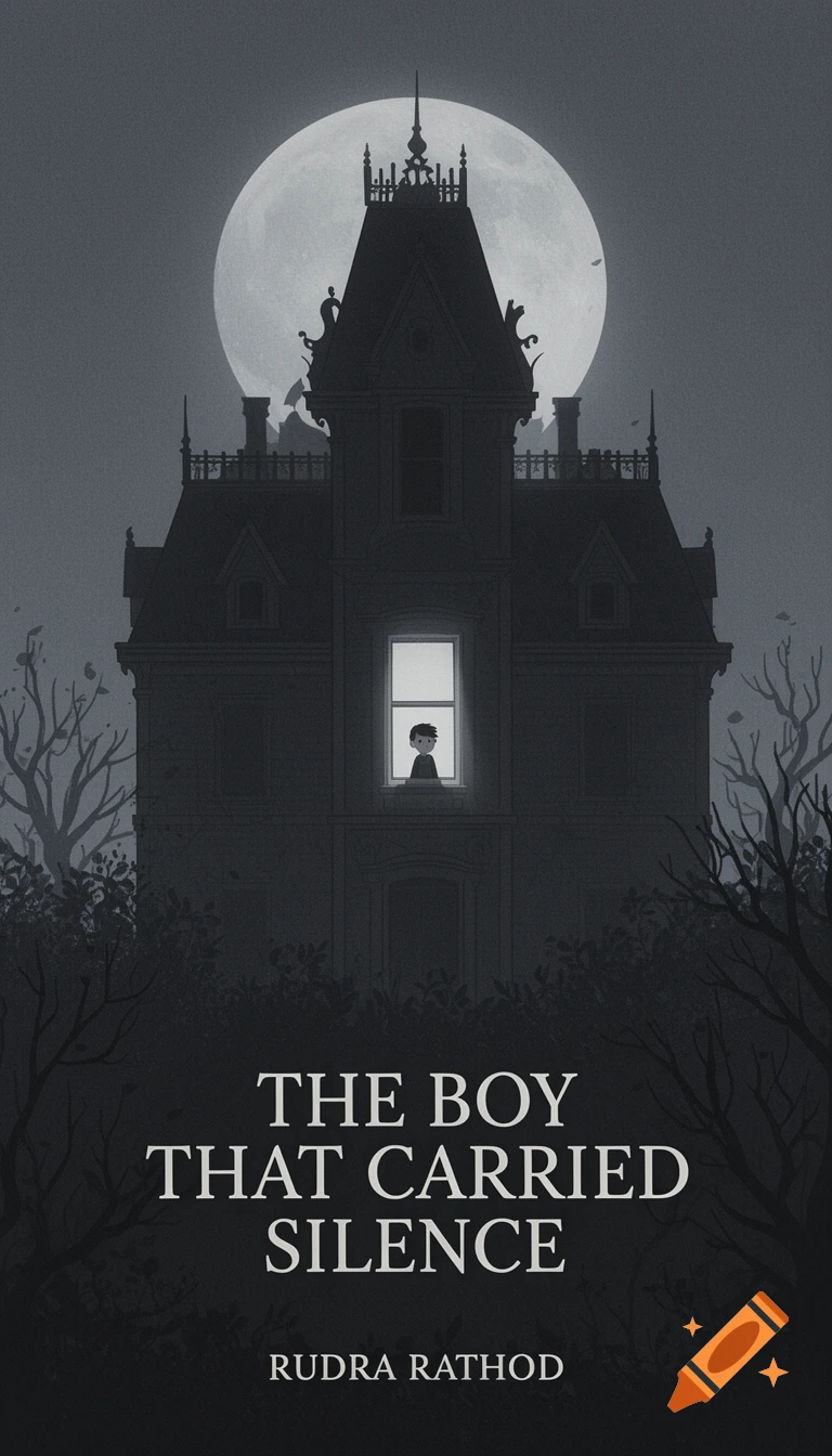 Stylized book cover illustration of a dark gothic mansion at night, with a boy looking out a lighted window, under a full moon. Title: The Boy That Carried Silence.