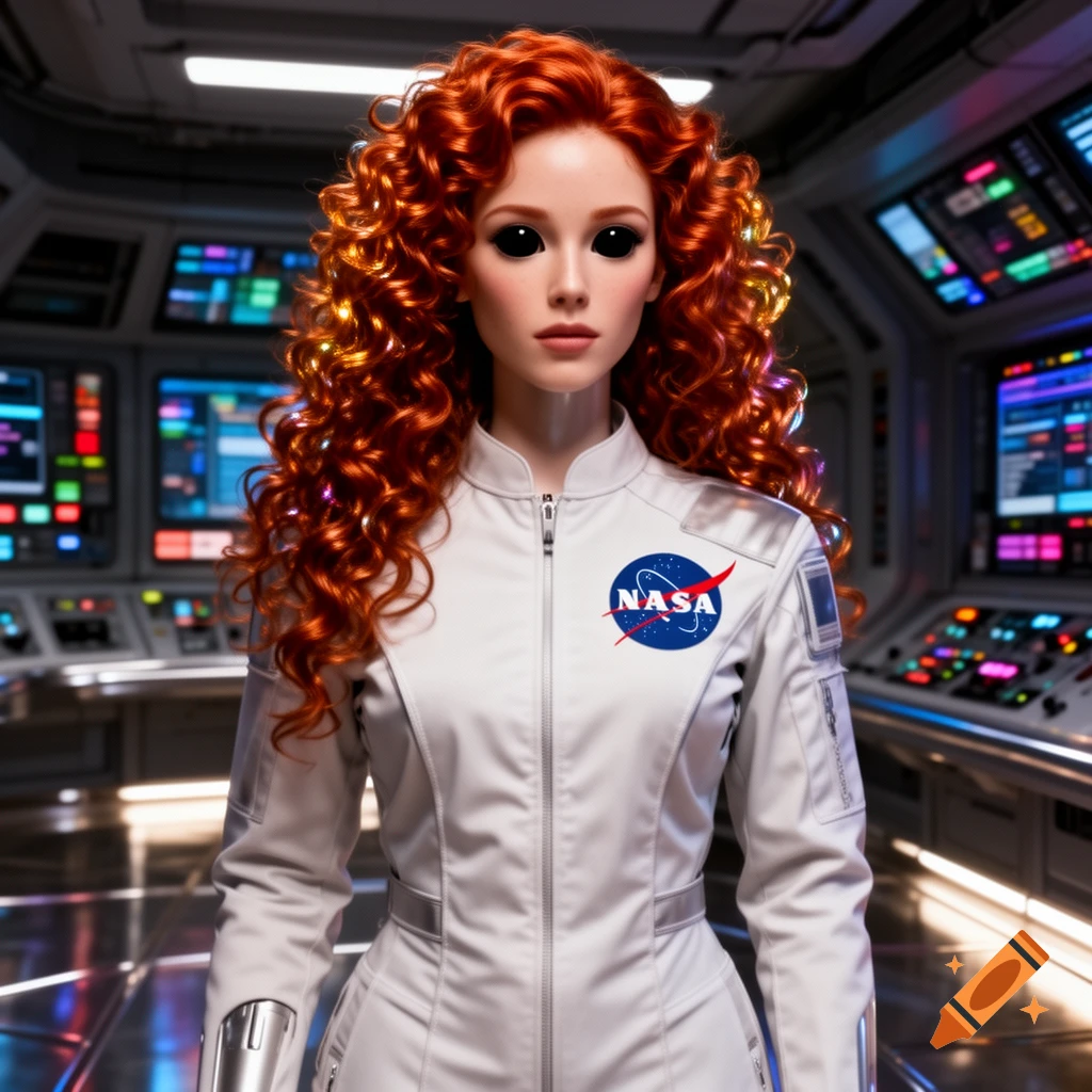 Female android with curly red hair and black eyes wearing a white NASA uniform in a spaceship cockpit, photorealistic.