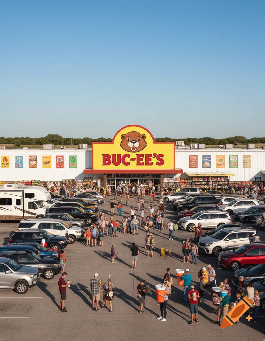 A large Buc-ee's convenience store with a busy parking lot full of cars and many people walking around on a sunny day.