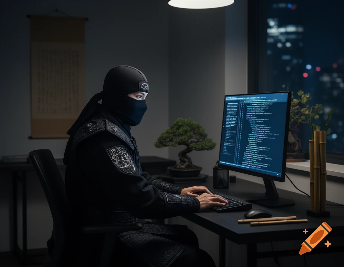 A photorealistic image of a ninja typing on a computer in a dimly lit room with a bonsai tree on the desk.