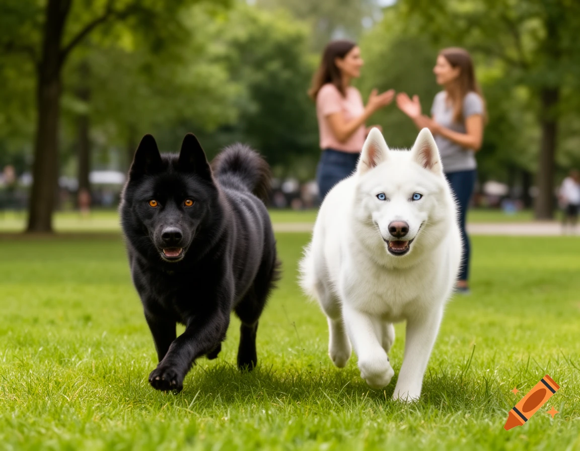 Two photorealistic huskies, one black with orange eyes and one white with blue eyes, run on green grass in a park with blurred women in the background.