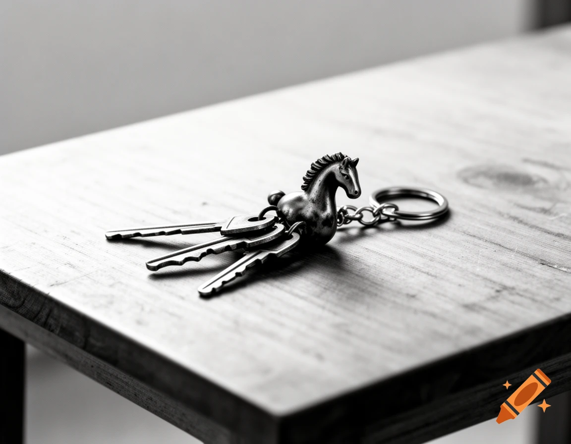 A minimalist black and white photograph of a keychain with three keys and a horse charm resting on a textured wooden table.