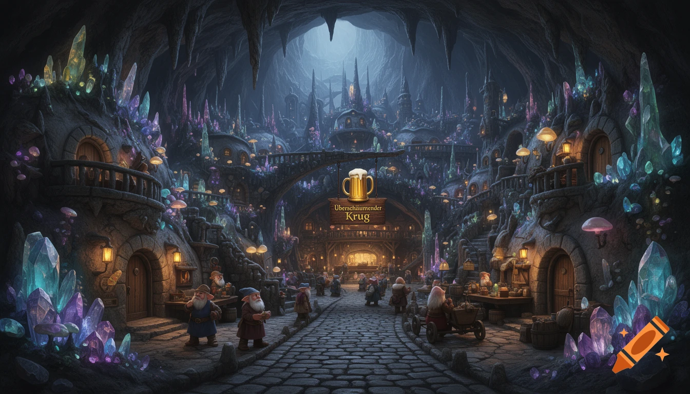 A vibrant fantasy underground gnome city in a massive cave, with glowing crystals, mushroom lamps, and a tavern sign.