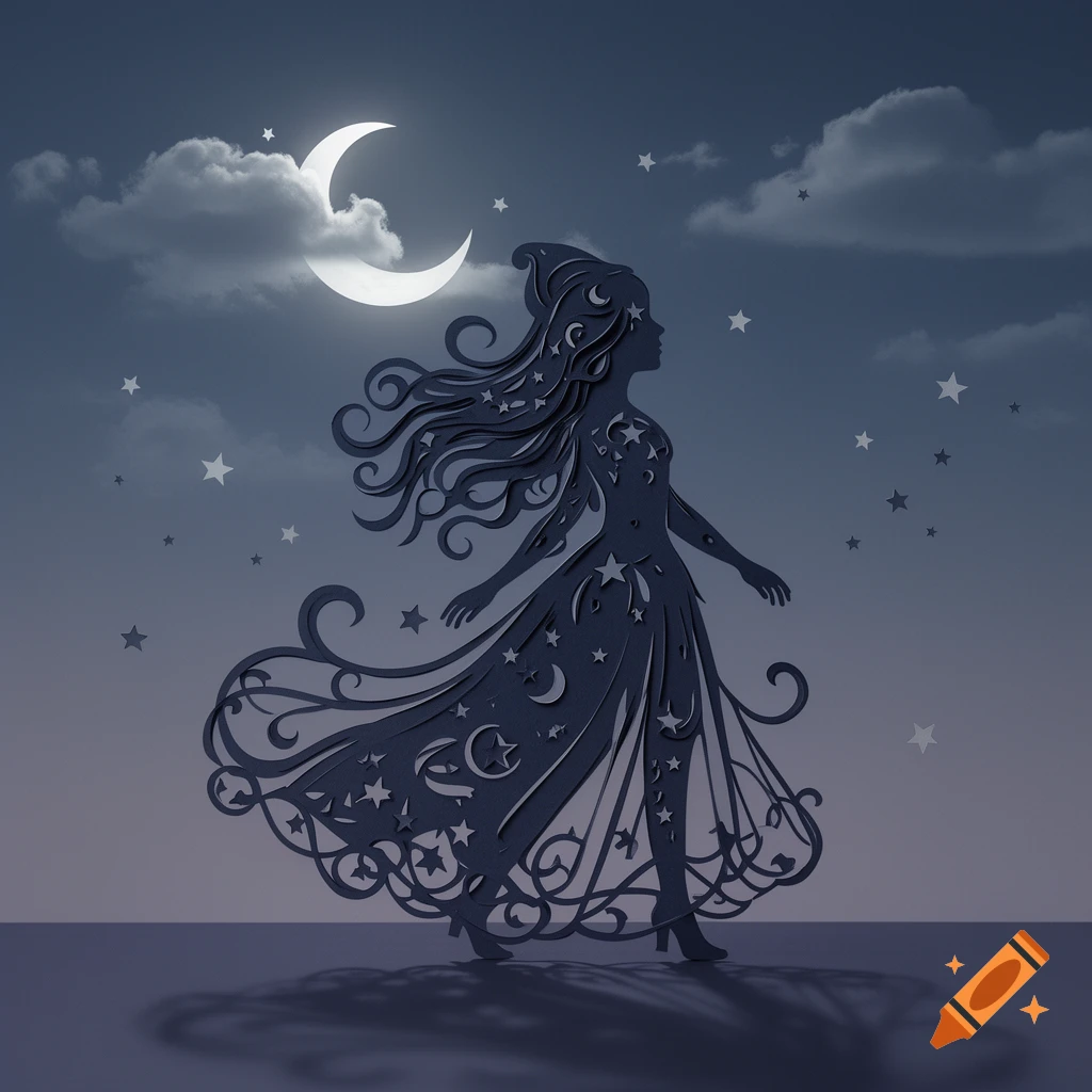 Papercut silhouette of a witch walking under a crescent moon and stars in a night sky.