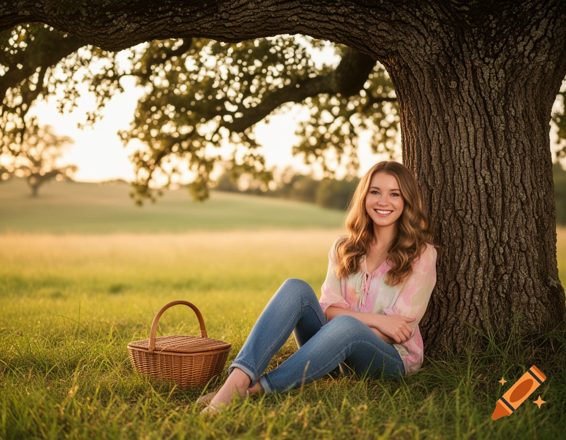 A young woman with long wavy hair sits smiling under a large tree in a grassy field next to a picnic basket.