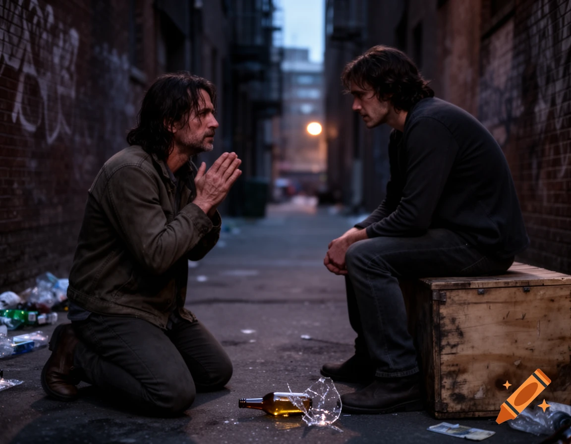 A man kneels with clasped hands before another man sitting on a crate in a dimly lit urban alley with a broken beer bottle.