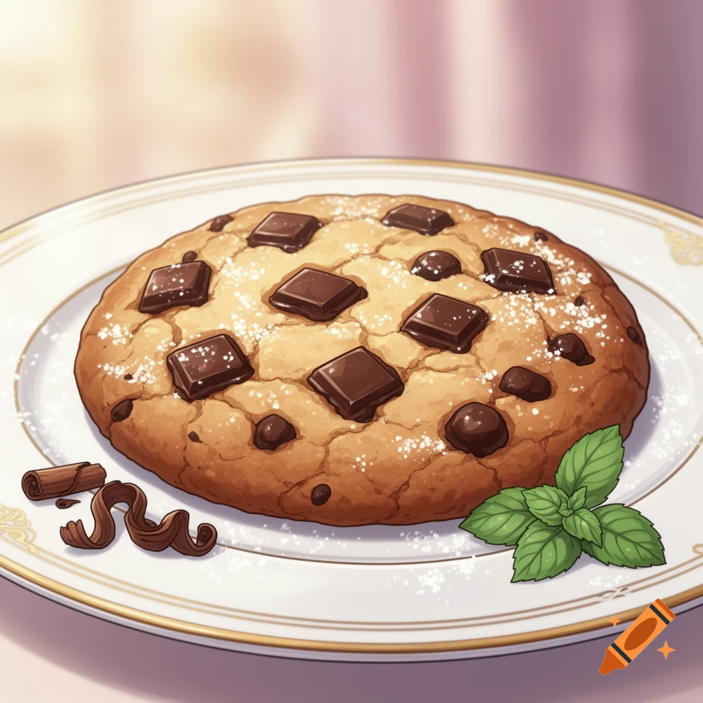 An illustrative chocolate chip cookie with powdered sugar, chocolate chunks, cinnamon shavings, and mint on a white plate with gold trim.