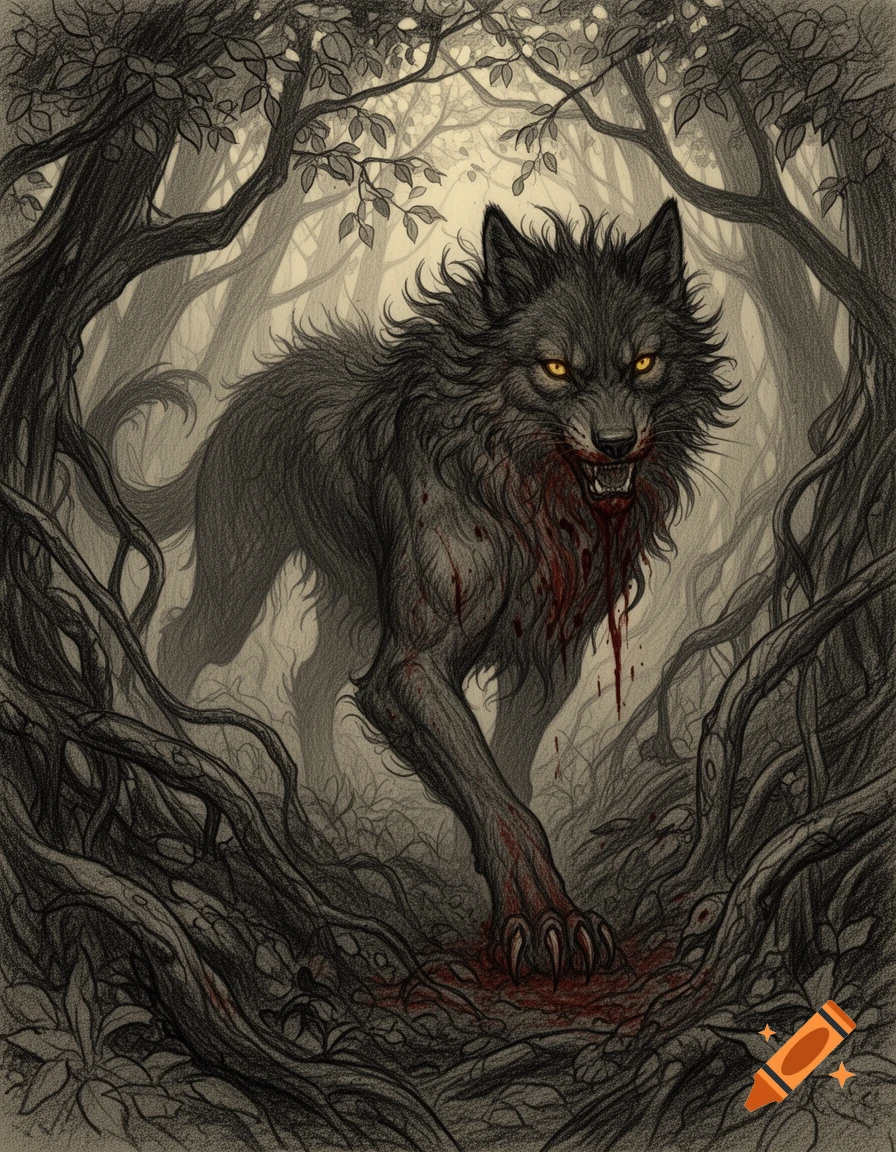 Detailed sketch of a snarling, bloodied black wolf-like beast with glowing eyes, standing amidst tangled roots in a dark, stylized forest.