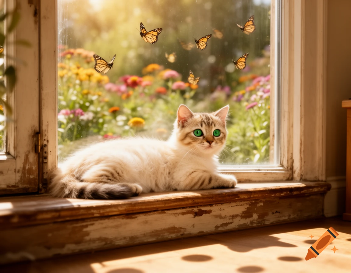 A fluffy kitten with bright green eyes rests on a sunlit wooden windowsill, watching monarch butterflies fly outside a window overlooking a colorful garden.