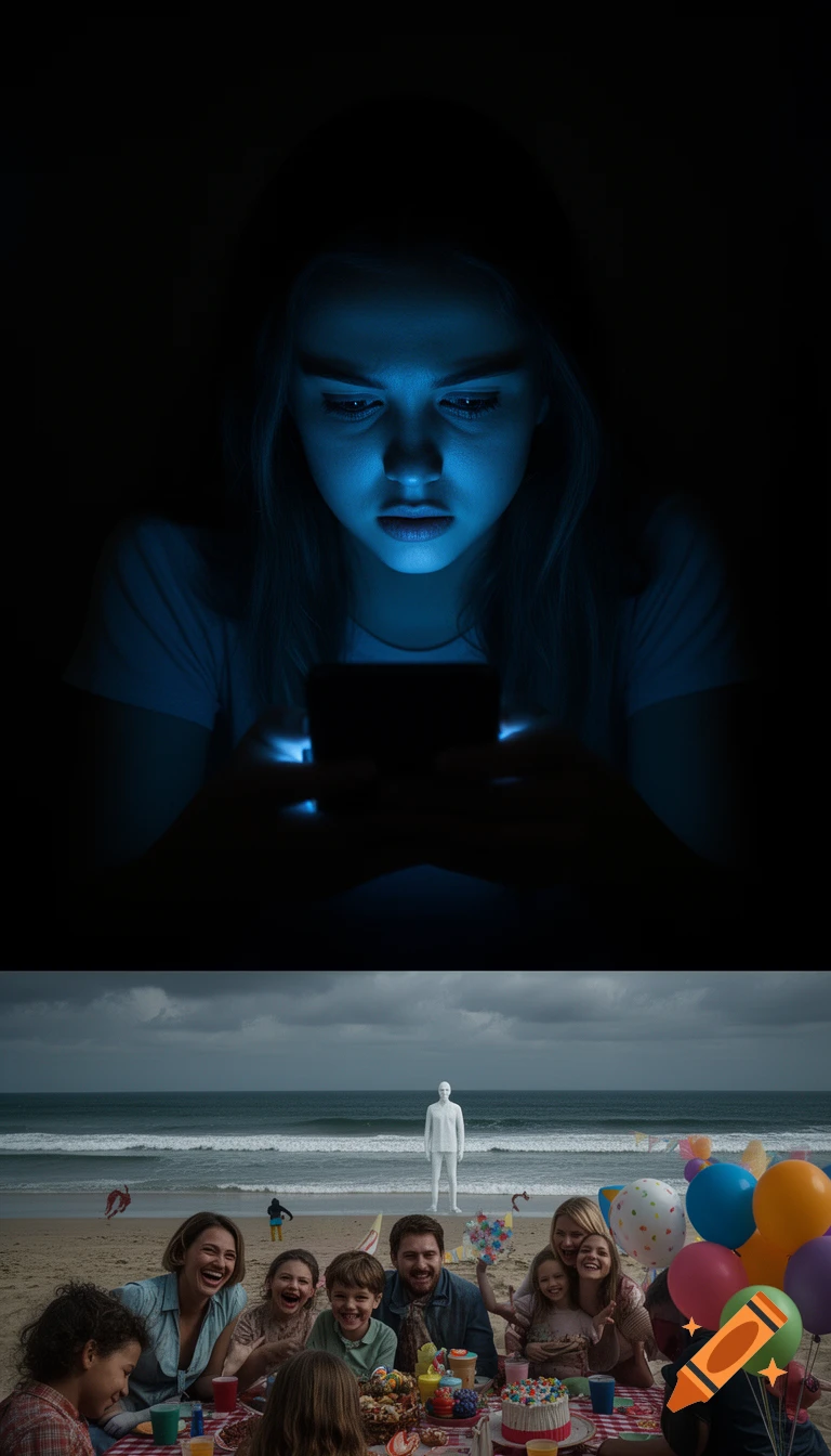 A split image: top shows a woman's face illuminated by a phone in a dark room; bottom depicts a family picnic on a cloudy beach with a pale, silent figure in the distance.