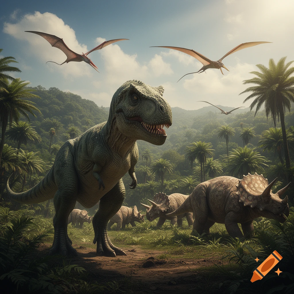 A photorealistic scene showing a T-Rex and Triceratops in a lush prehistoric jungle, with pterodactyls flying overhead.