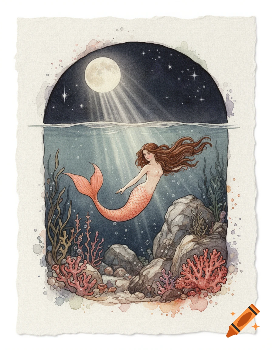 A watercolor illustration of a mermaid with long brown hair and a coral tail swimming underwater at night with moonlight.
