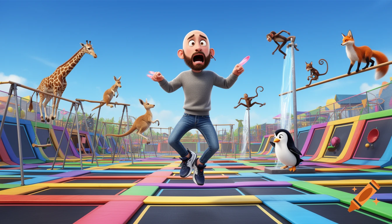 A bald, bearded cartoon man with exaggerated pinky fingernails jumps in a colorful trampoline park with a giraffe, kangaroos, monkeys, a penguin, and a fox.