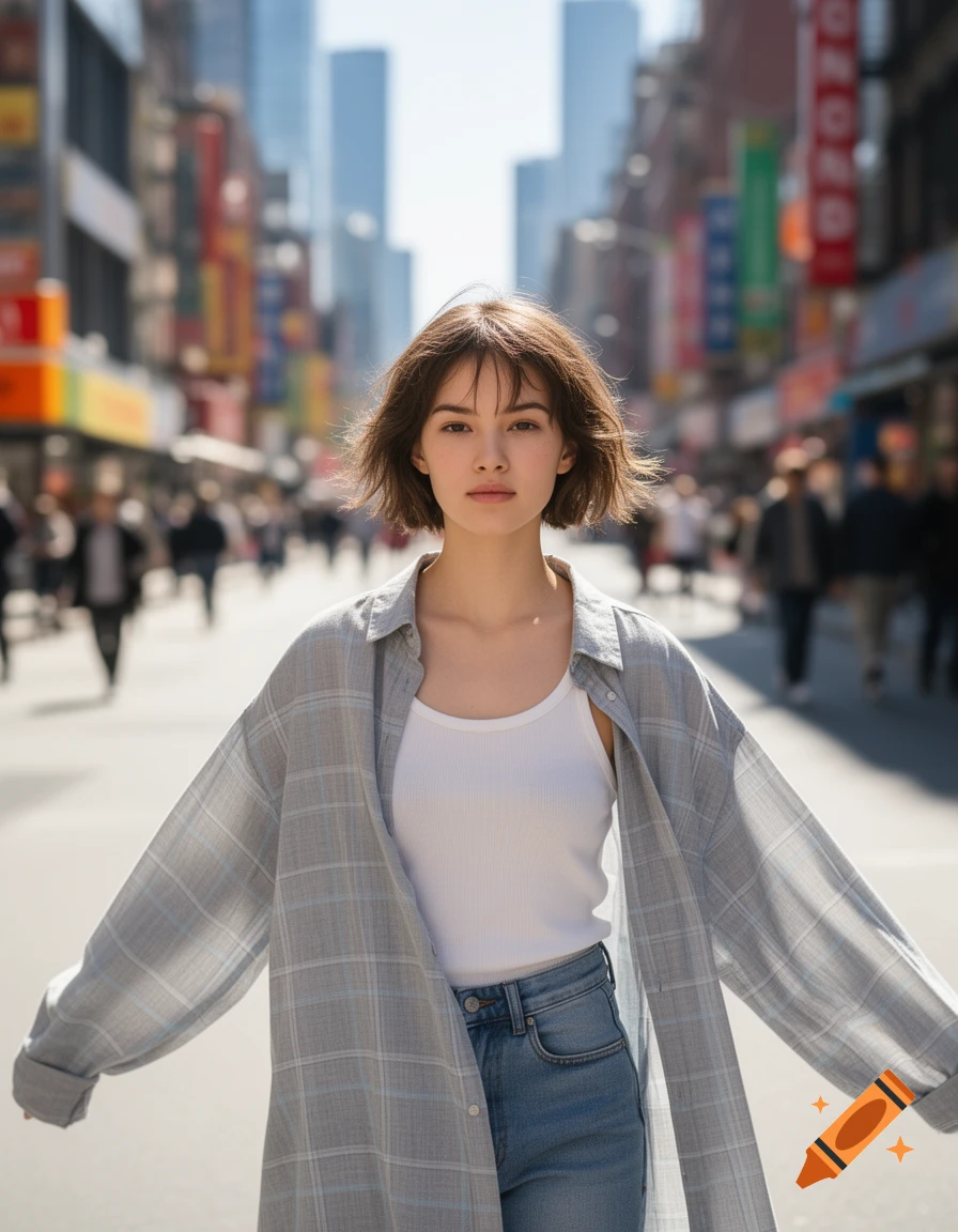 A young woman with short brown hair in a white tank top and open plaid shirt stands in a busy, sunlit city street.