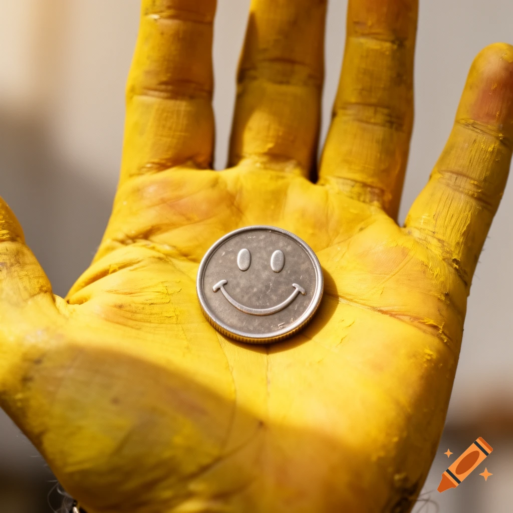 A yellow-dyed hand holds a silver coin with a smiley face etched on it, seen from a close-up perspective.