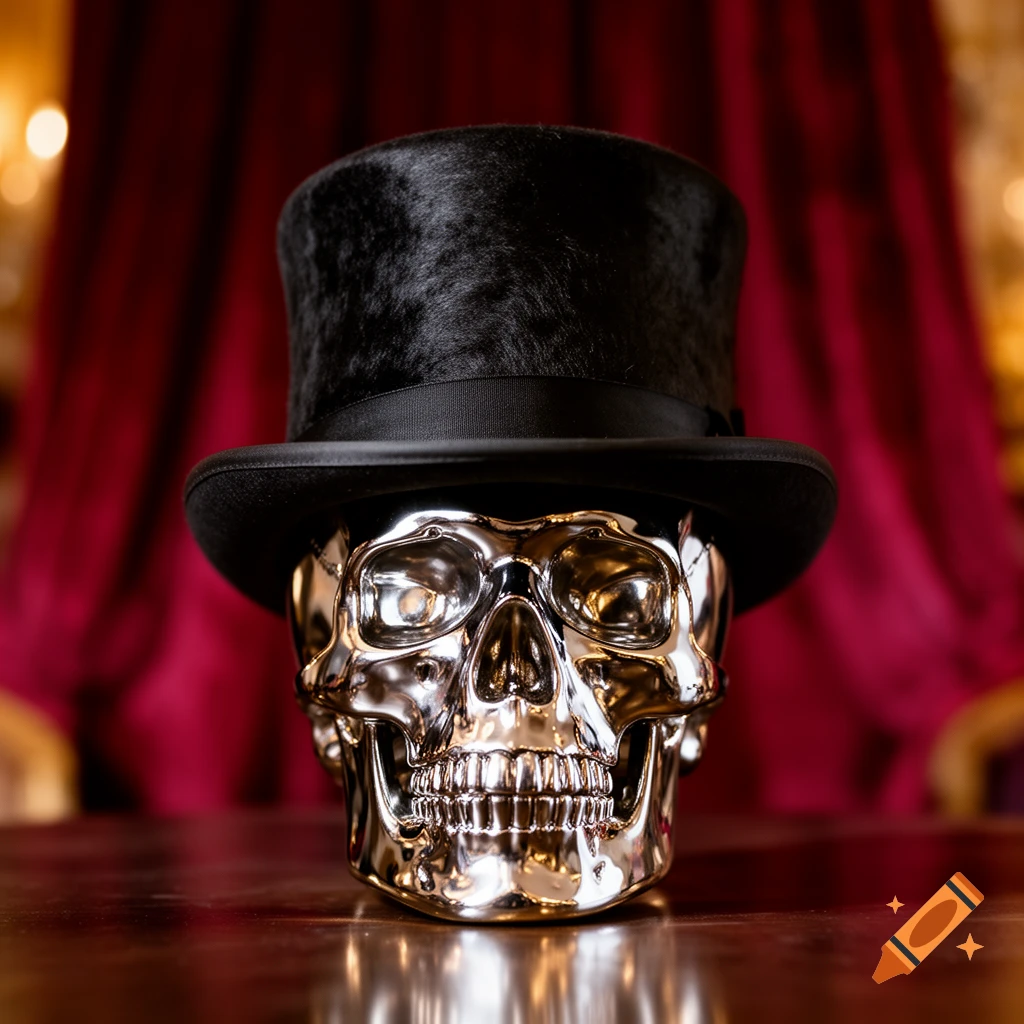 A shiny chrome skull wearing a black top hat sits on a polished wooden surface against a blurred red background.