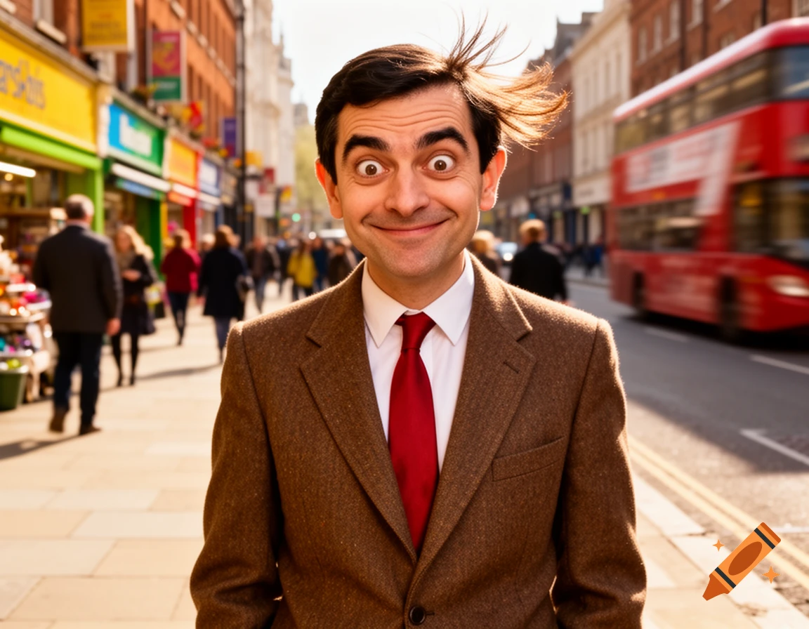 Man resembling Mr. Bean smiles with wide eyes on a busy photorealistic city street with shops and a red double-decker bus.