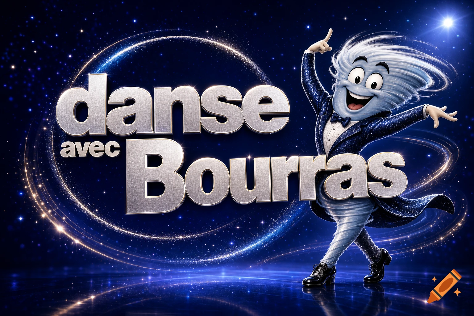 Cartoon whirlwind character dancing on a reflective stage with sparkling light trails. Text "danse avec Bourras".
