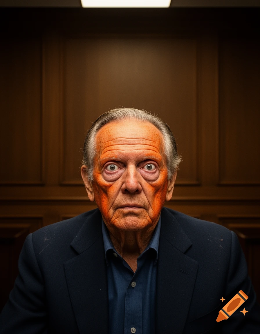 A photorealistic portrait of an old man with orange skin, wide eyes, and a combover wearing a blue shirt and dark jacket.