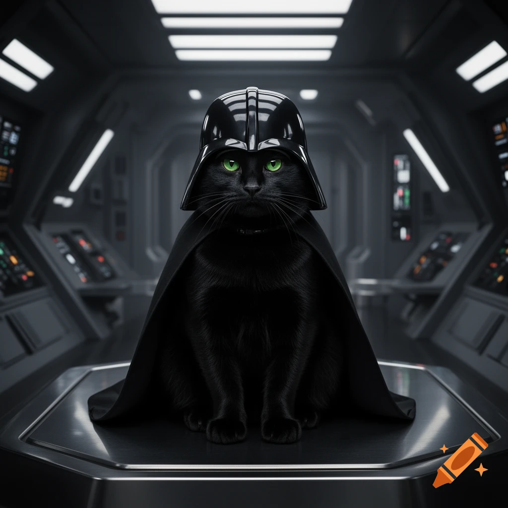 A black cat with bright green eyes wears a Darth Vader helmet and cape, sitting on a metallic surface in a dark spaceship cockpit. Photorealistic.