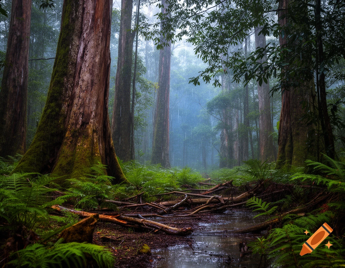 A misty, lush forest with tall trees, green ferns, and a small stream winding through fallen branches.