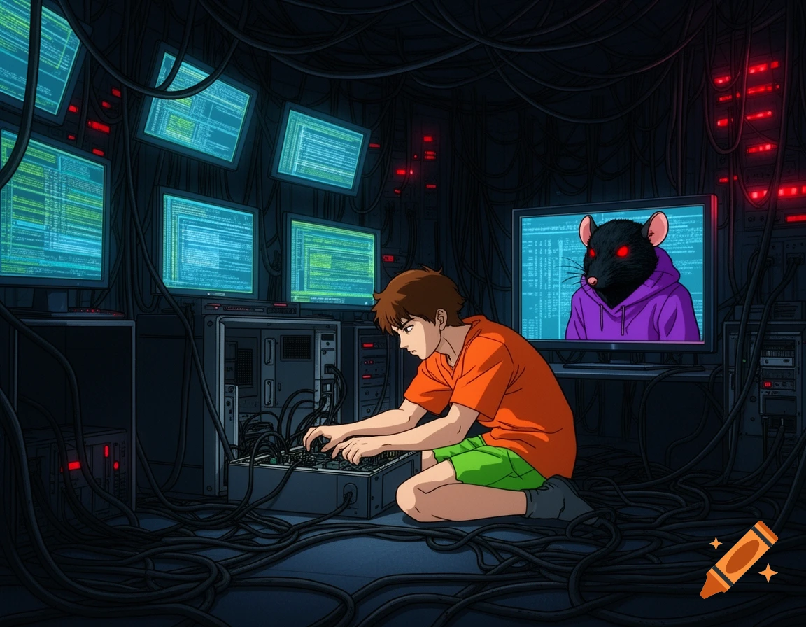 Anime style of a man working on an open computer case, surrounded by wires and monitors, with a rat hacker on one screen.