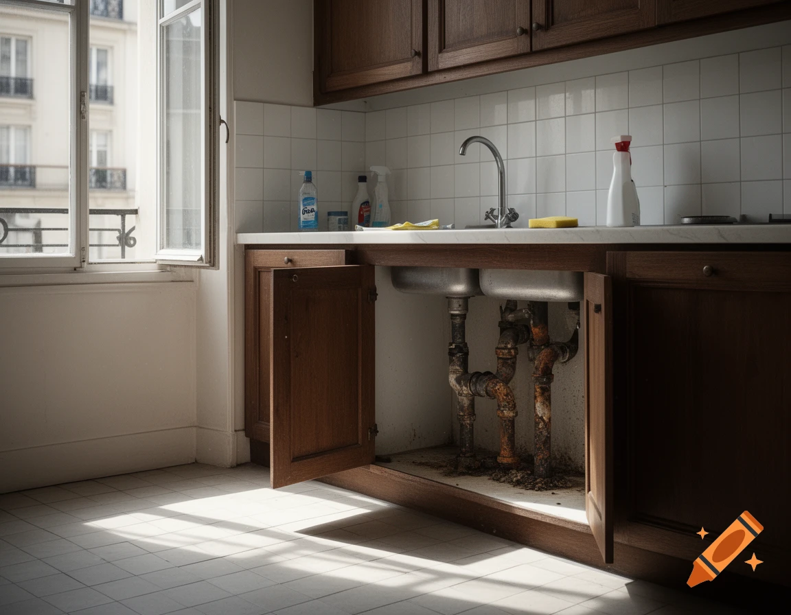 Photorealistic image of a messy kitchen sink with rusty pipes visible under the counter, in a sunlit French apartment.