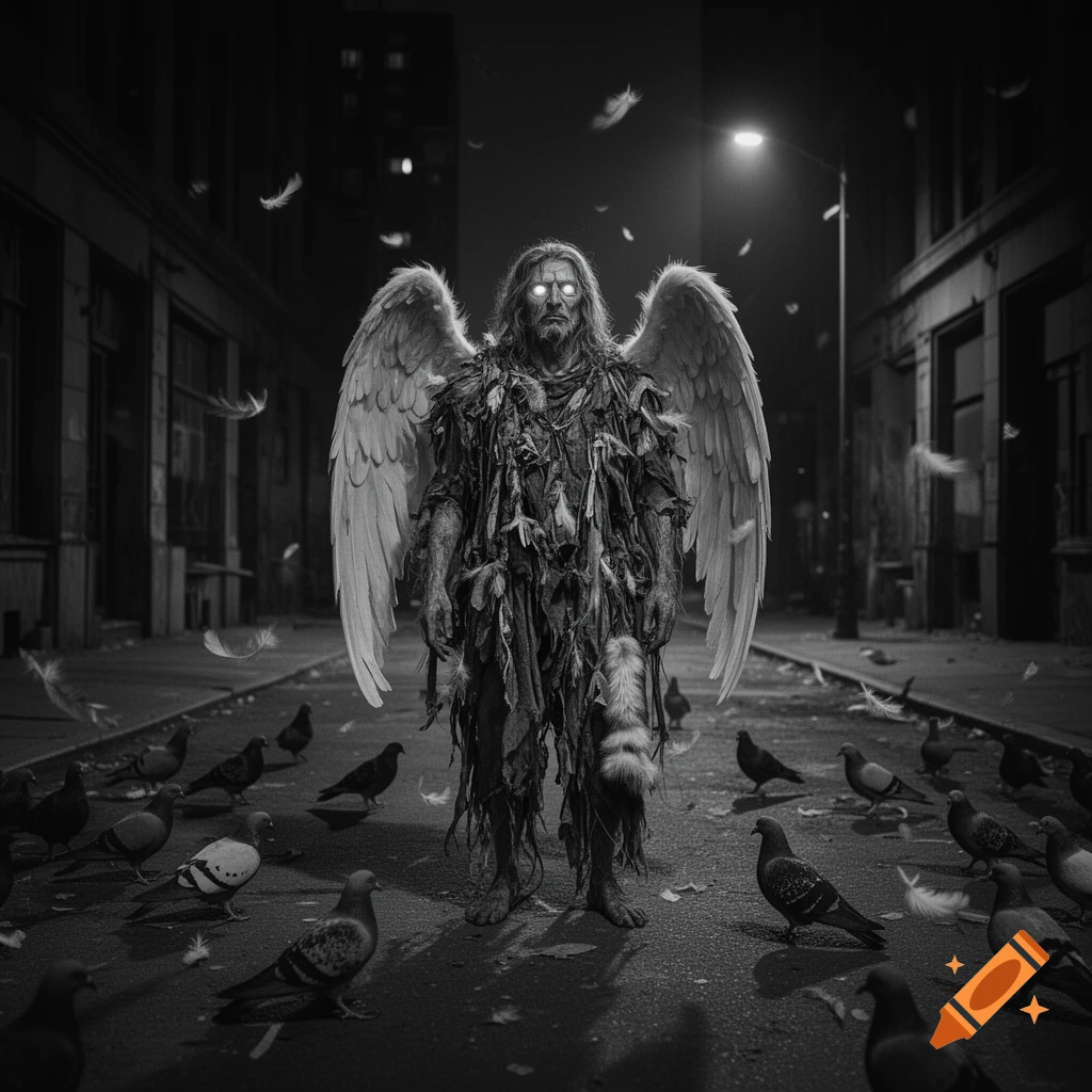 Monochromatic image of a wild, feral angel with glowing eyes, clad in rags and feathers, standing among pigeons on a dark city street at night.