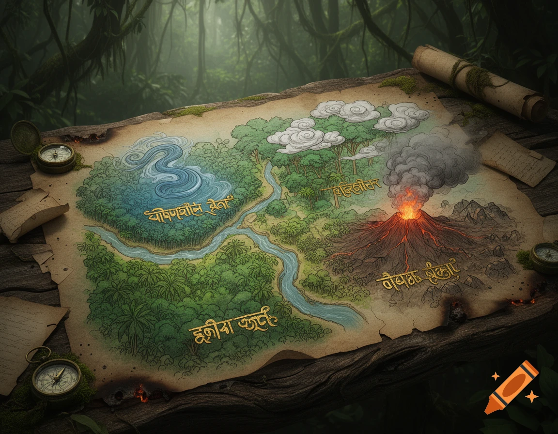 An ancient-looking fantasy jungle map laid on a wooden surface, showing distinct regions of water, lush forests, a smoking volcano, and swirling clouds.