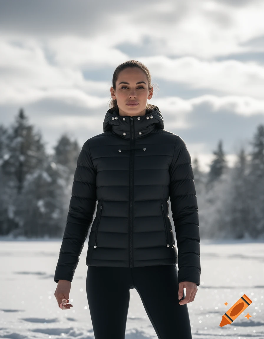 A woman in a black puffer coat and leggings stands in a snowy, outdoor landscape with trees and a cloudy sky.
