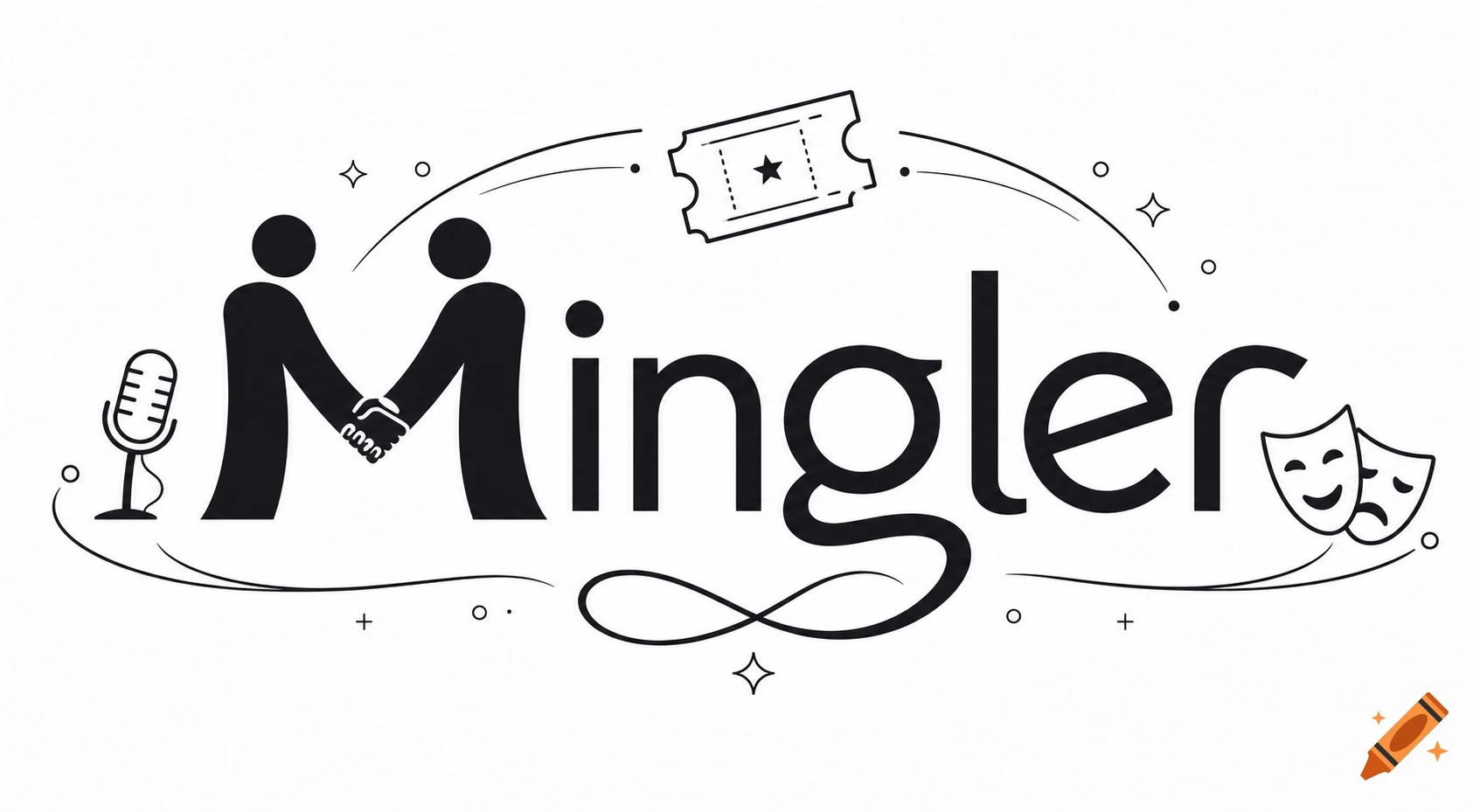 Black and white 'Mingler' logo with stick figures shaking hands, a microphone, a ticket, and theater masks.