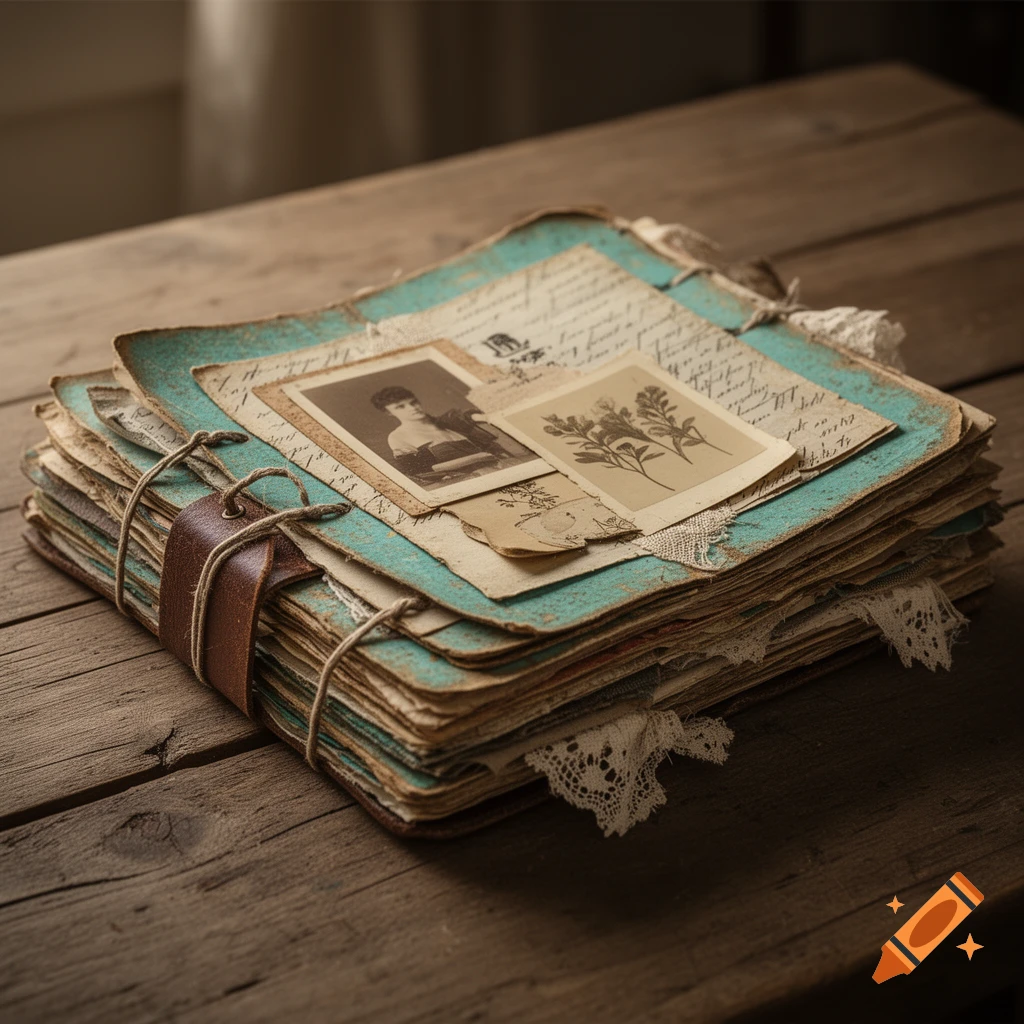 A vintage junk journal with turquoise and brown aged papers, old photos, and lace accents, tied with a leather strap on a wooden table.