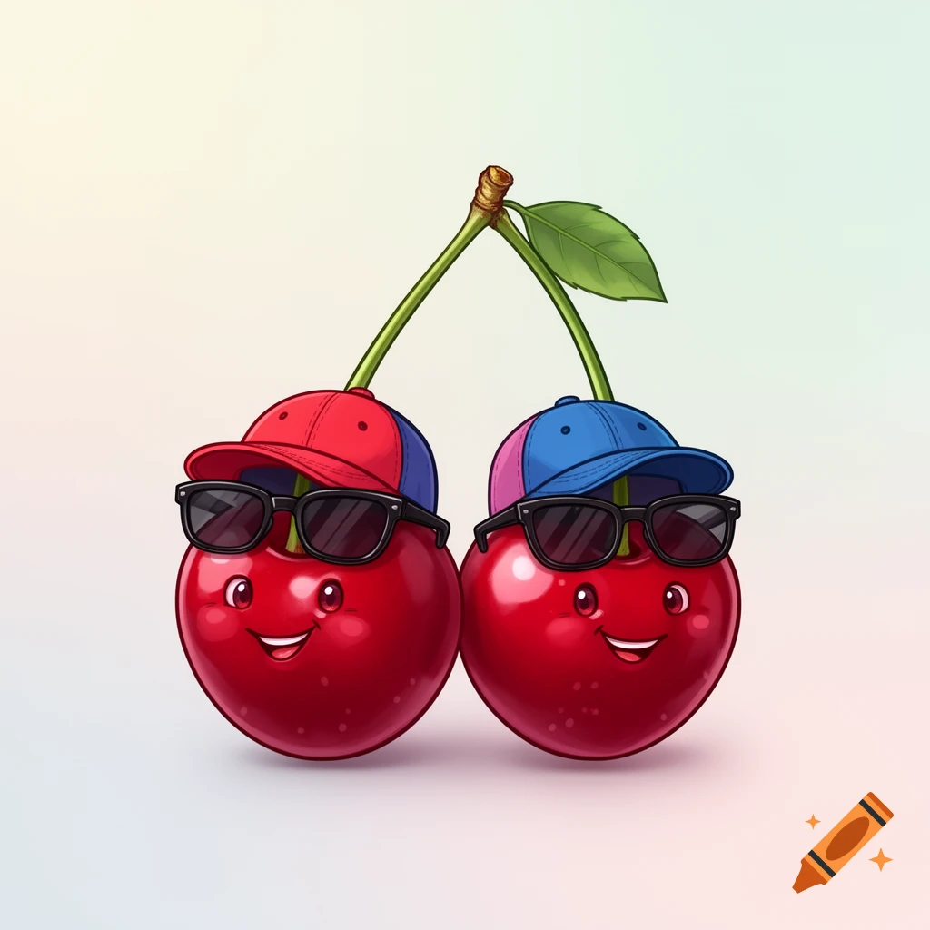 Two cartoon cherries with faces, wearing backward baseball caps and black sunglasses, smiling, connected by a stem.
