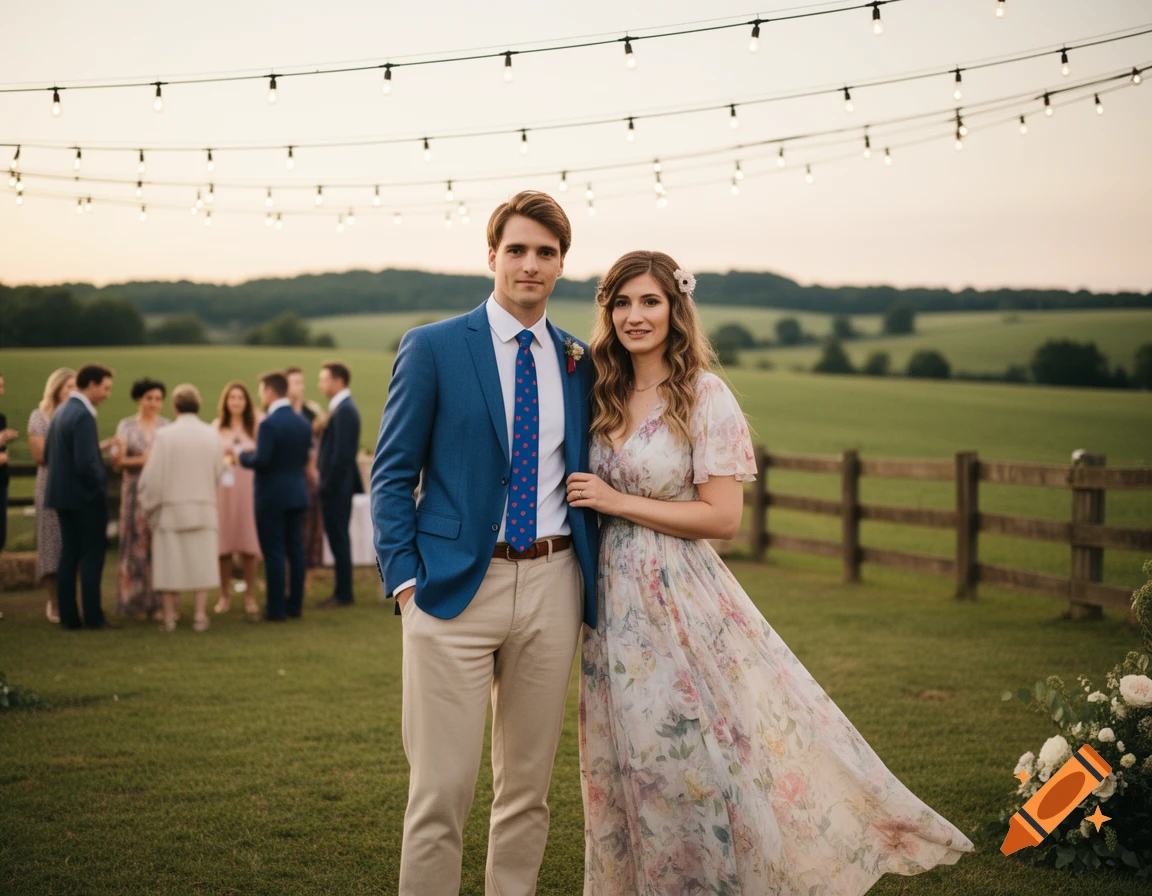A well-dressed couple, a man in a blue jacket and a woman in a floral dress, stand in a grassy field under string lights at an outdoor event.