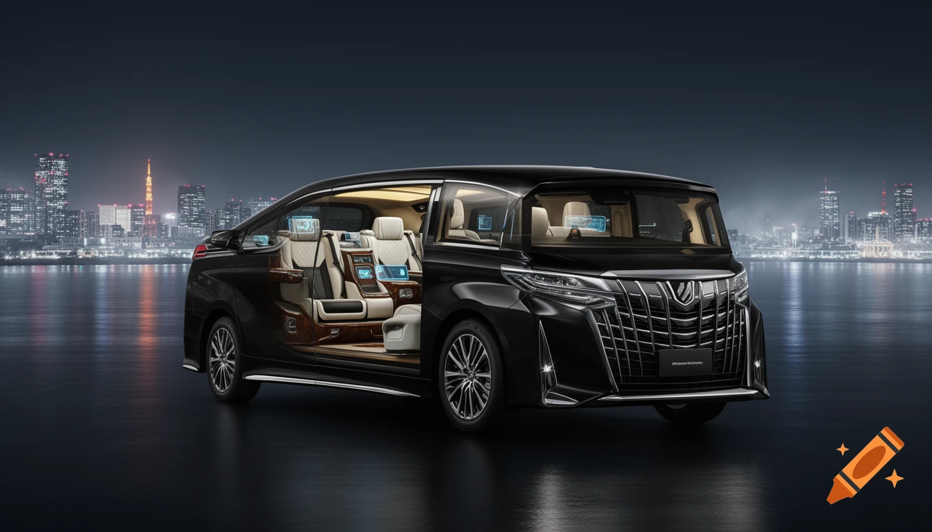 A black luxury minivan with an open side door revealing a lavish interior, parked on a reflective surface with a Tokyo cityscape at night.