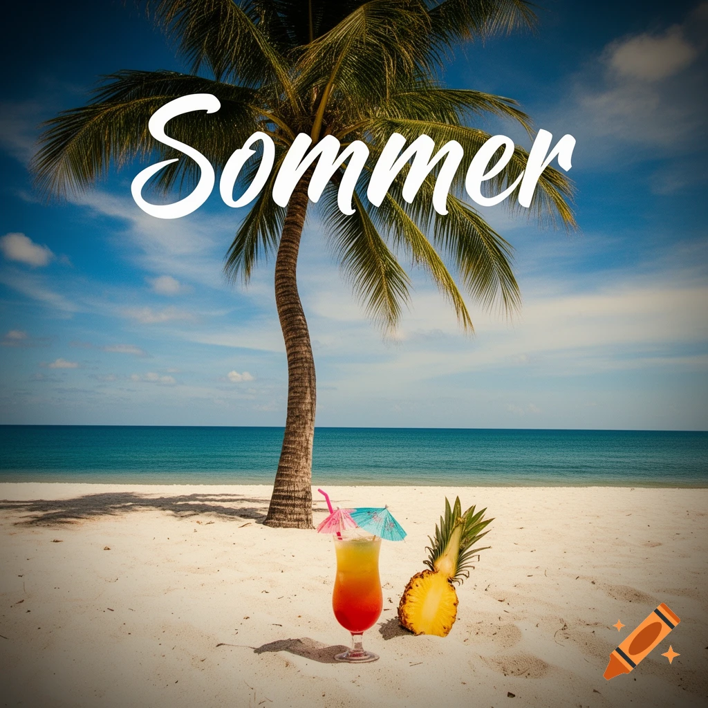 A tropical beach scene with a palm tree, ocean, white sand, a cocktail drink, and a cut pineapple, with 'Sommer' text.