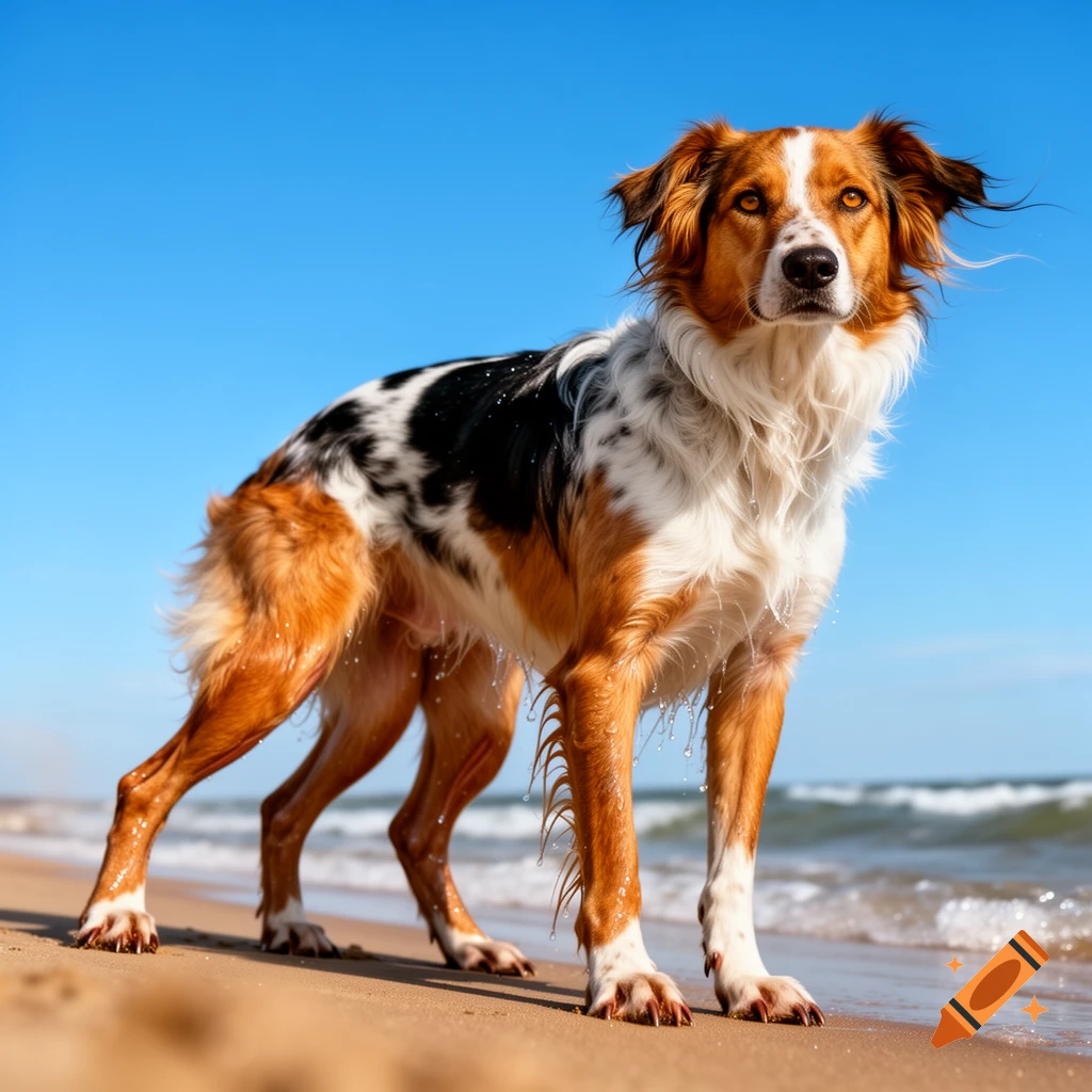 A hyperrealistic photo of a wet brown, black, and white border collie standing on a sandy beach, looking directly at the viewer with the ocean in the background.