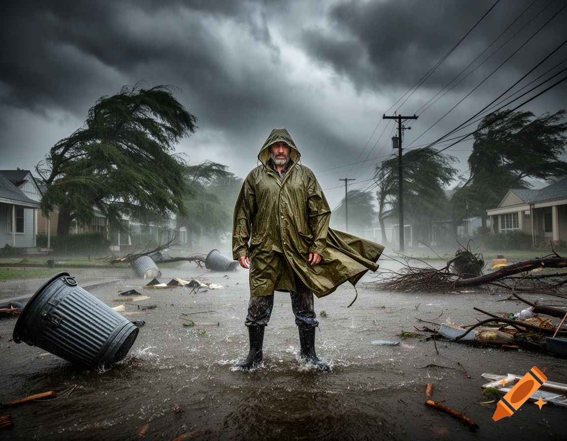 A man in a green raincoat and boots stands in a flooded street filled with debris during a heavy rain and strong winds.