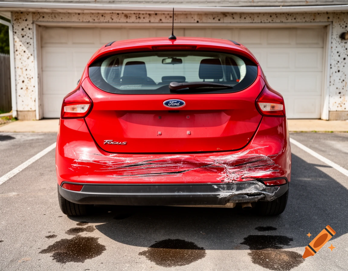 Photorealistic image of a red Ford Focus with a heavily dented and scratched rear bumper in a parking lot in front of a garage.