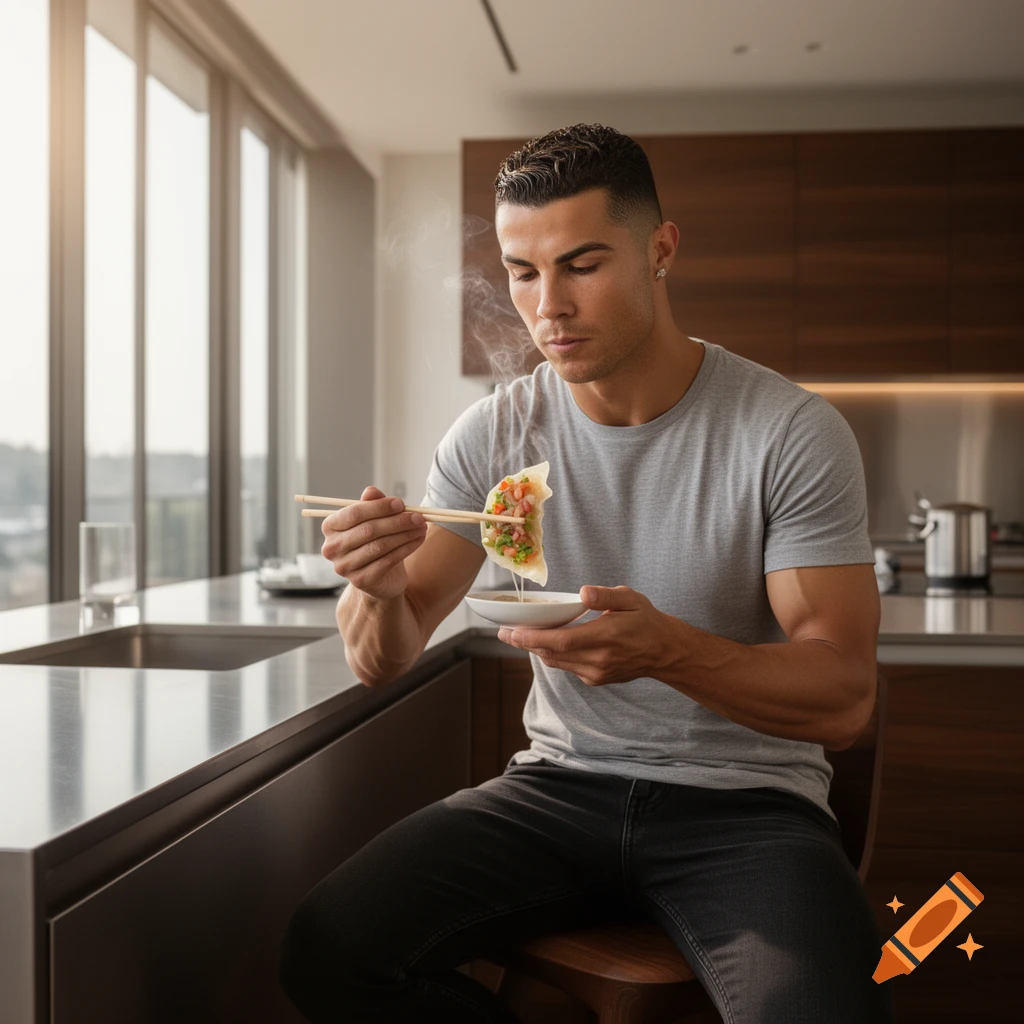 Cristiano Ronaldo sits in a modern kitchen, intently eating a steaming dumpling with chopsticks from a small bowl.