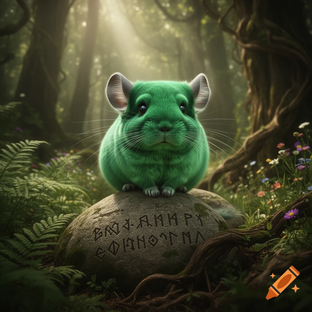 A vibrant green chinchilla sits on a mossy rock with ancient runes in a mystical, sunlit forest.